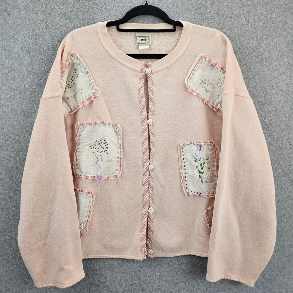LEE Cardigan Sweatshirt Womens XL Pink Patchwork Floral Herb Cottagecore Vibe